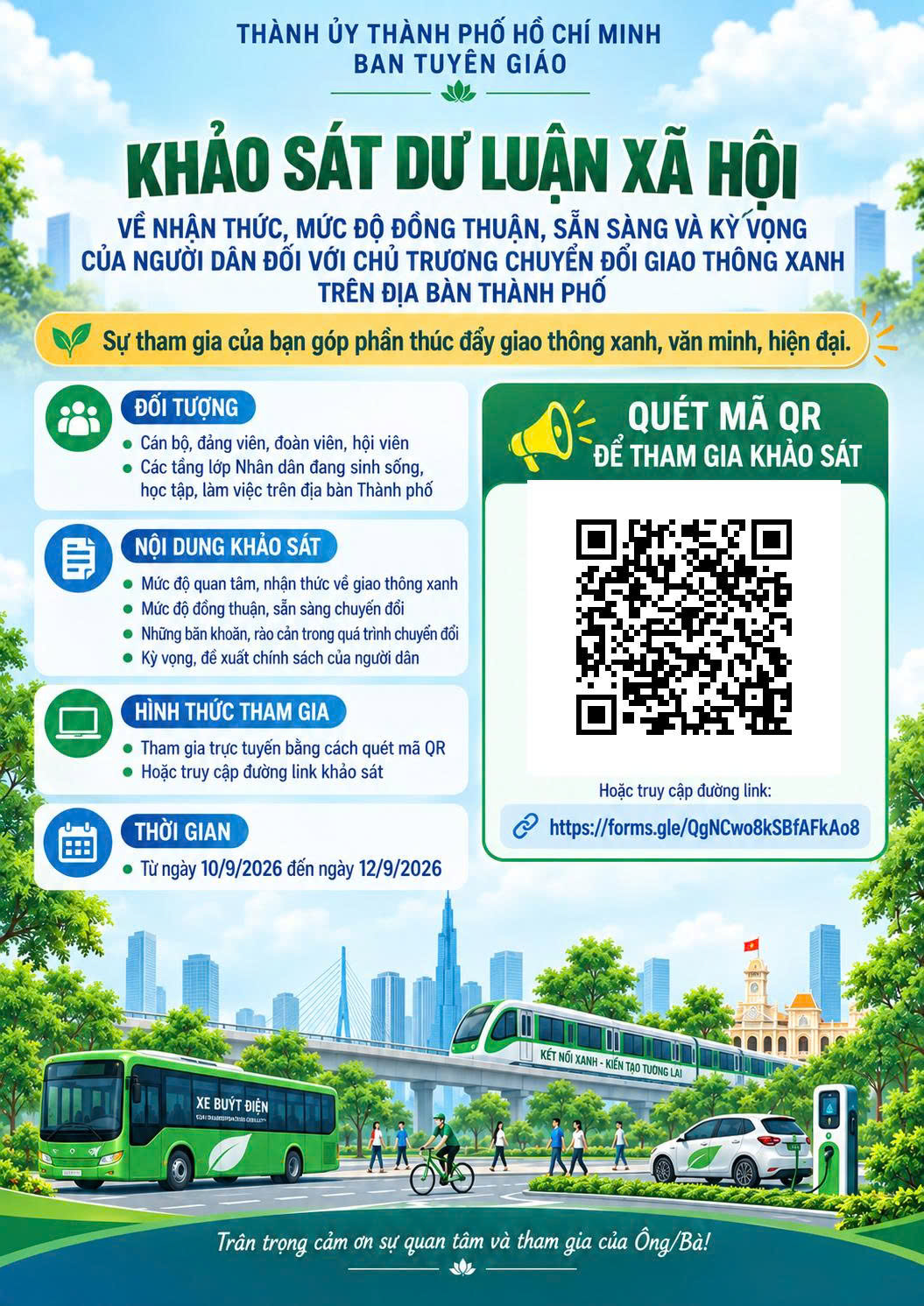 Khảo sát, thăm dò dư luận xã hội về nhận thức, mức độ đồng thuận, sẵn sàng và kỳ vọng của người dân đối với chủ trương chuyển đổi giao thông xanh trên địa bàn Thành phố Hồ Chí Minh